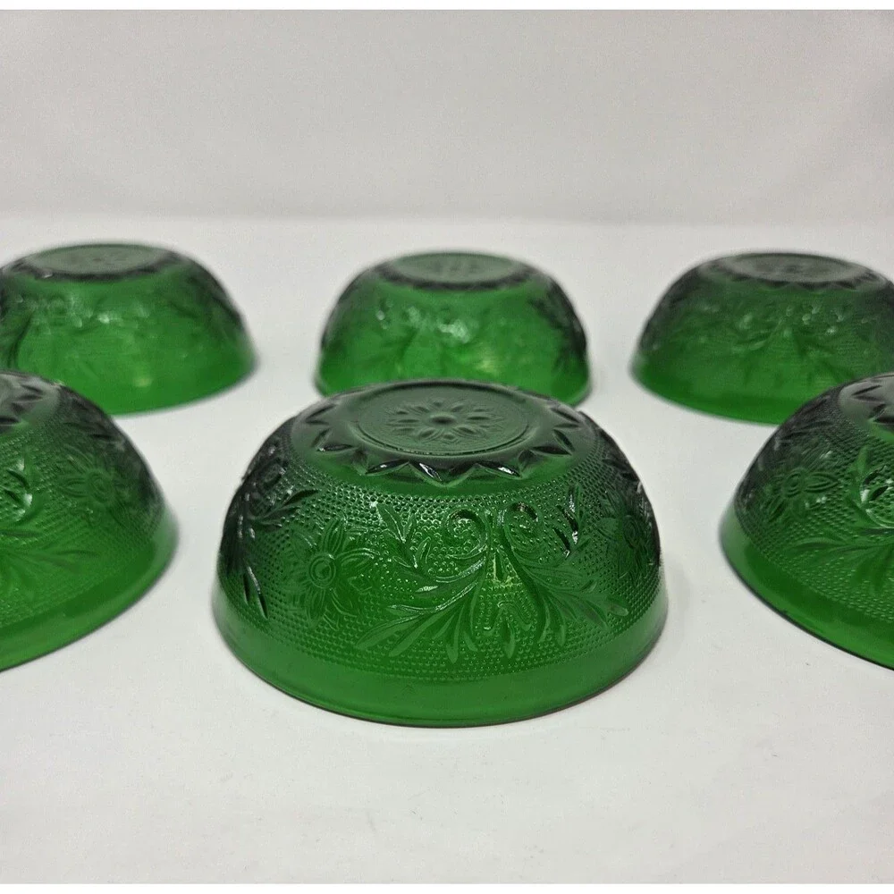 Anchor Hocking Forest Green Sandwich Glass Berry Bowls Set of 6 Vintage‎ 1950s